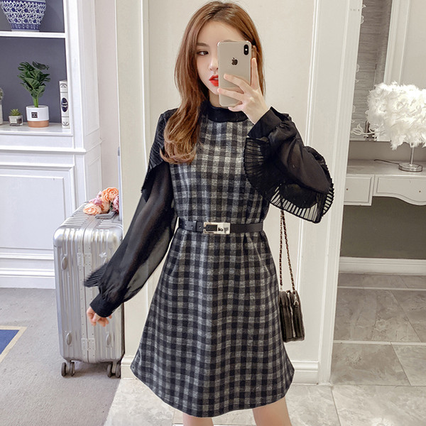 Fekete és barna kockás női ruha, hosszú ujjal