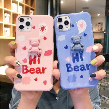 Калъф с надпис Hi Bear и 3D елемент мече за  Iphone 11 Pro Max в розов и син цвят