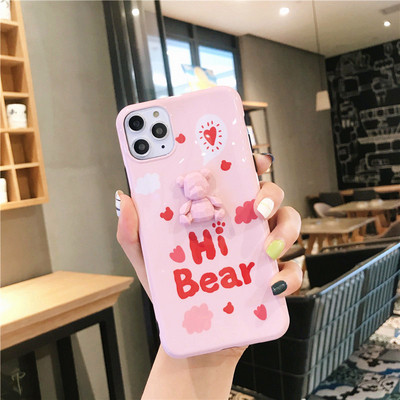 Tok Hi Bear felirattal és 3D mackó elemmel Iphone 11 Pro Max készülékhez rózsaszín és kék színben