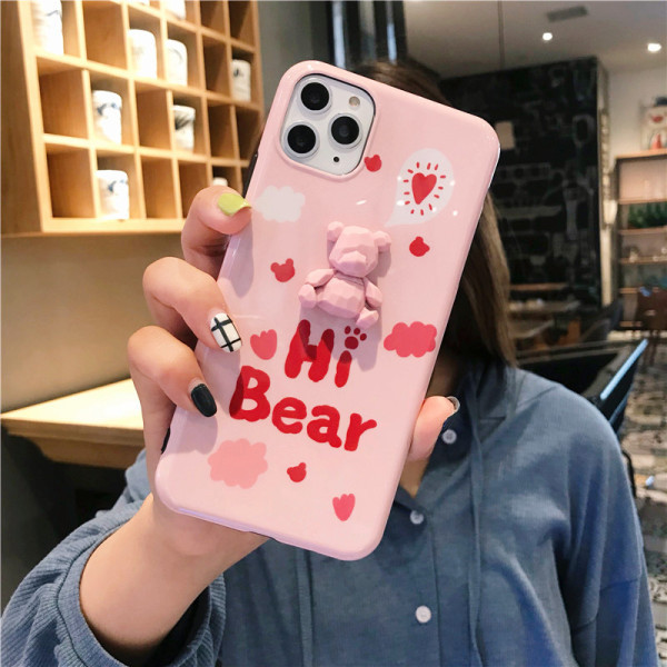Husă cu inscripție Hi Bear și element de ursuleț 3D pentru Iphone 11 Pro Max în roz și albastru