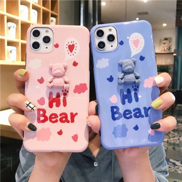 Husă cu inscripție Hi Bear și element de ursuleț 3D pentru Iphone 11 Pro Max în roz și albastru