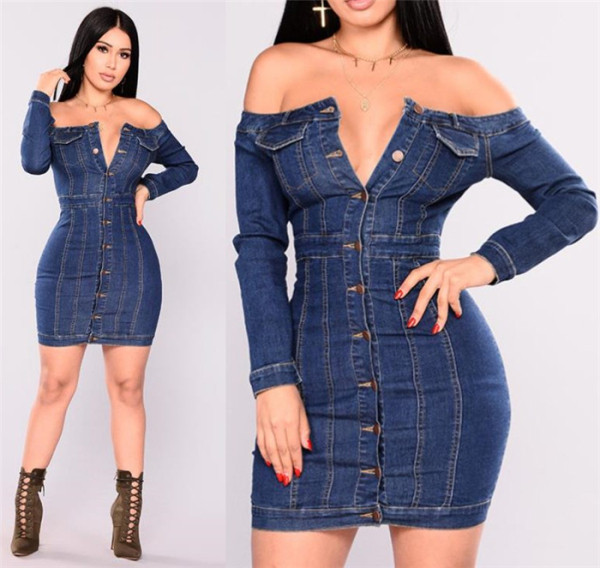 Γυναικείο τζιν φόρεμα  με μακριά μανίκια σε μπλε χρώμα