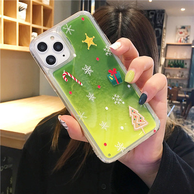 Husa de Craciun cu nisip lichid colorat pentru Iphone 11 Pro Max in verde si portocaliu