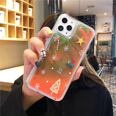 Husa de Craciun cu nisip lichid colorat pentru Iphone 11 Pro Max in verde si portocaliu