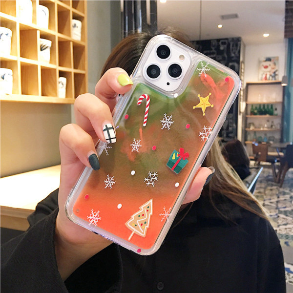 Husa de Craciun cu nisip lichid colorat pentru Iphone 11 Pro Max in verde si portocaliu