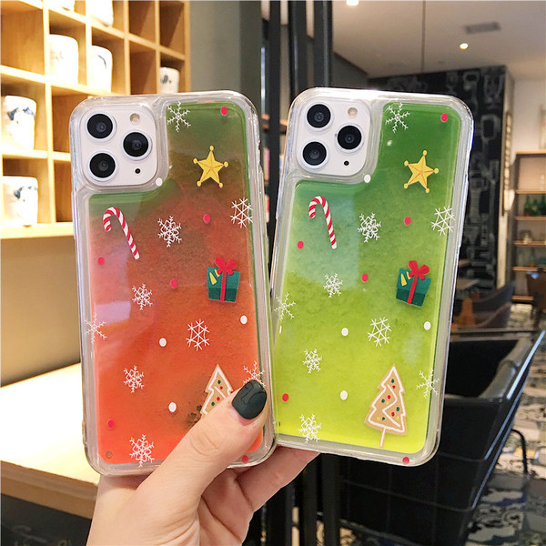 Husa de Craciun cu nisip lichid colorat pentru Iphone 11 Pro Max in verde si portocaliu