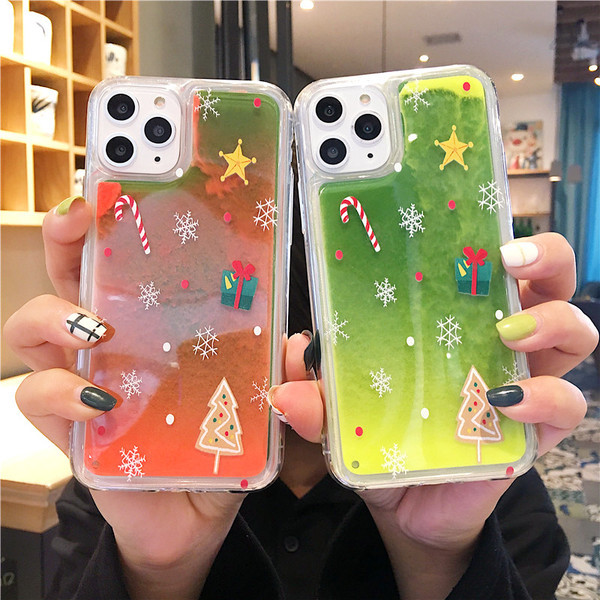 Husa de Craciun cu nisip lichid colorat pentru Iphone 11 Pro Max in verde si portocaliu