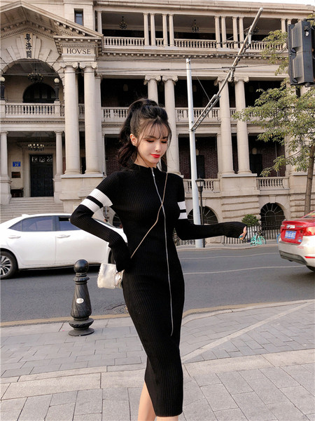 Μακρύ πλεκτό φόρεμα με φερμουάρ και μακρύ μανίκι σε πράσινο και μαύρο χρώμα