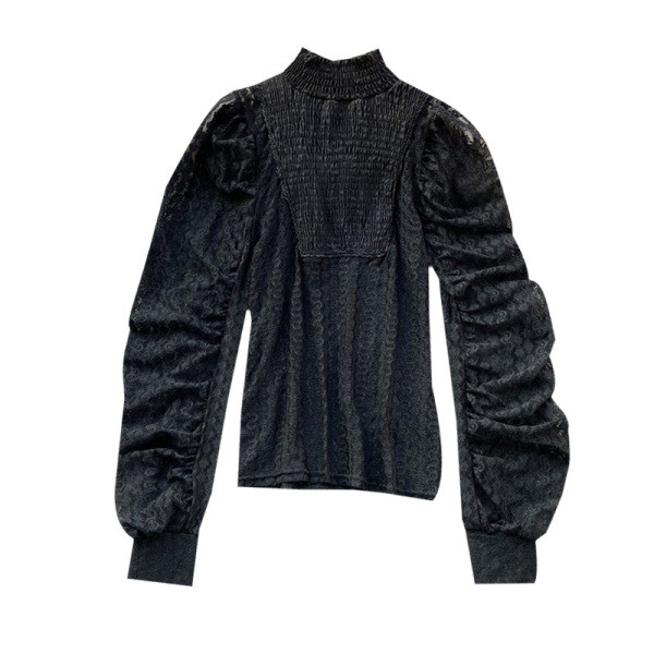 Μοντέρνο γυναικείο πουκάμισο δαντελωτό μακρυμάνικο με ψηλό γιακά σε λευκό, μπεζ και μαύρο χρώμα