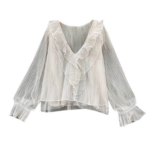 Modern női blúz spitz nyakkivágással és tüllel fehér, bézs és fekete színekben