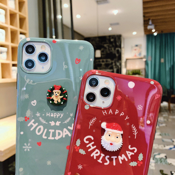 Model de Crăciun cu inscripție Sărbători Fericite și element 3D Moș Crăciun și ursuleț pentru Iphone 11 Pro Max