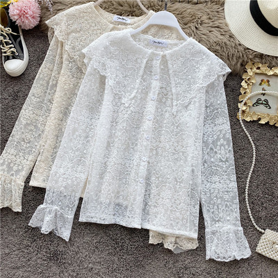 Modern női csipke ing gombokkal és hosszú ujjú fehér és bézs színben