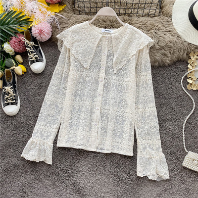 Modern női csipke ing gombokkal és hosszú ujjú fehér és bézs színben