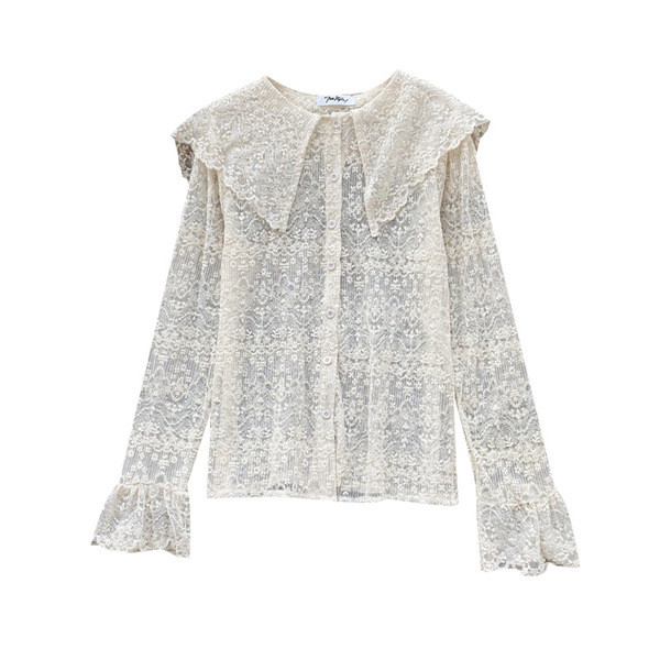 Modern női csipke ing gombokkal és hosszú ujjú fehér és bézs színben