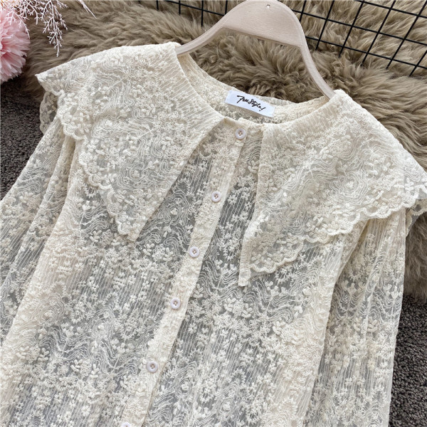 Modern női csipke ing gombokkal és hosszú ujjú fehér és bézs színben