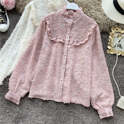 Μοντέρνο γυναικείο πουκάμισο με υψηλό κολάρο σε τέσσερα χρώματα