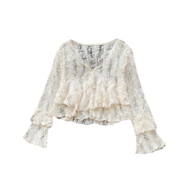 Μοντέρνα γυναικεία μπλούζα με λαιμόκοψη και μακριά μανίκια σε μπεζ χρώμα