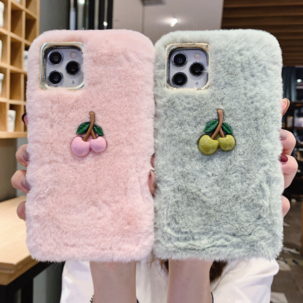  3D   χνουδοτή θήκη  με Cherry Blush σε ροζ και πράσινο για Iphone 11 Pro Max