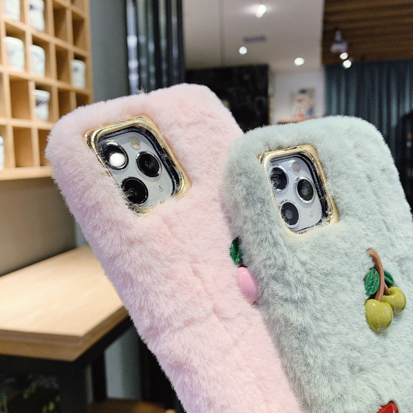  3D   χνουδοτή θήκη  με Cherry Blush σε ροζ και πράσινο για Iphone 11 Pro Max