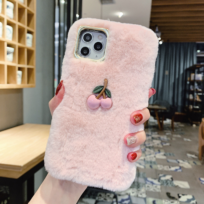  3D   χνουδοτή θήκη  με Cherry Blush σε ροζ και πράσινο για Iphone 11 Pro Max