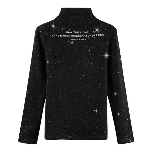 Modern női blúz fekete színben, magas gallérral és fényes hatással