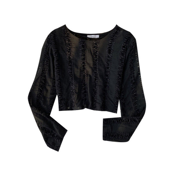 Μοντέρνα γυναικεία μπλούζα  με ωοειδές ντεκολτέ και μακρύ μανίκι σε μαύρο χρώμα