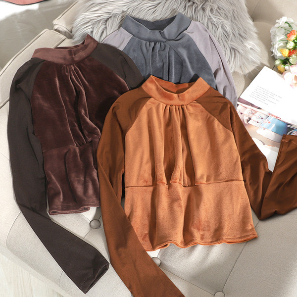 Μοντέρνα μπλούζα από βελούδο με ψηλό γιακά και μακριά μανίκια σε διάφορα χρώματα