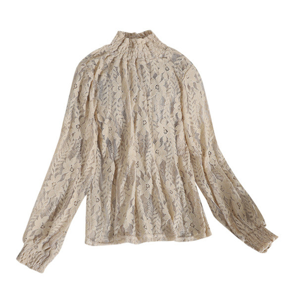 Női csipkeblúz magas gallérral és fekete, fehér és bézs hímzéssel