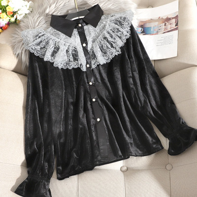 Μοντέρνο γυναικείο πουκάμισο από βελούδο με κουμπιά και δαντέλα σε πέντε χρώματα