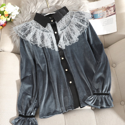 Μοντέρνο γυναικείο πουκάμισο από βελούδο με κουμπιά και δαντέλα σε πέντε χρώματα