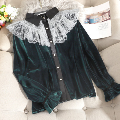 Μοντέρνο γυναικείο πουκάμισο από βελούδο με κουμπιά και δαντέλα σε πέντε χρώματα