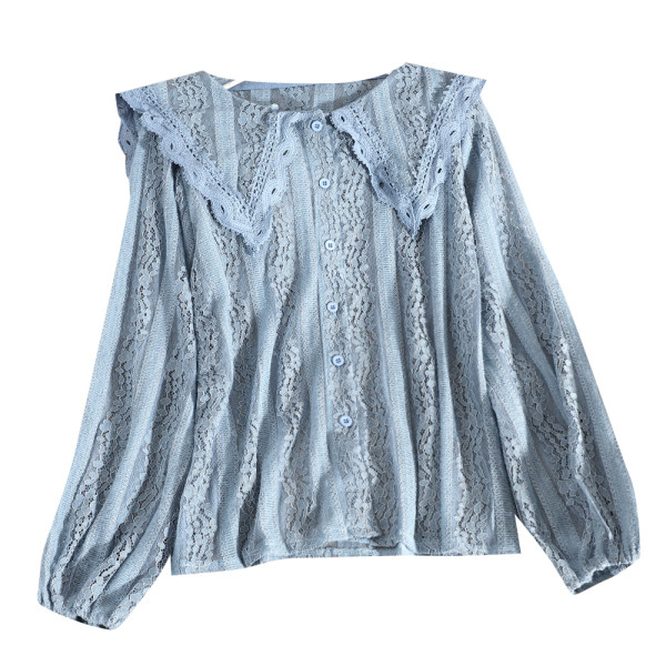 Μοντέρνα γυναικεία δαντελένια δαντέλα με μακριά μανίκια και κουμπιά σε λευκό, μπλε και μπεζ χρώμα