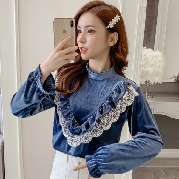 Stílusos női bársony blúz három színben, csipkével és hosszú ujjal