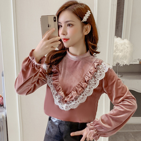 Stílusos női bársony blúz három színben, csipkével és hosszú ujjal