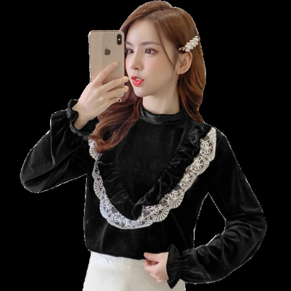 Stílusos női bársony blúz három színben, csipkével és hosszú ujjal