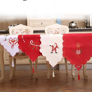 Χριστούγεννα Tishlifer για τραπέζι σε κόκκινο και λευκό με κέντημα του Santa, κερί, ζαχαροκάλαμο και καμπάνα
