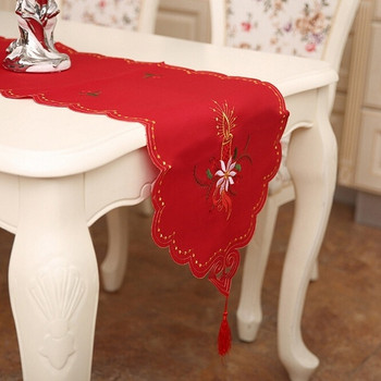 Χριστούγεννα Tishlifer για τραπέζι σε κόκκινο και λευκό με κέντημα του Santa, κερί, ζαχαροκάλαμο και καμπάνα