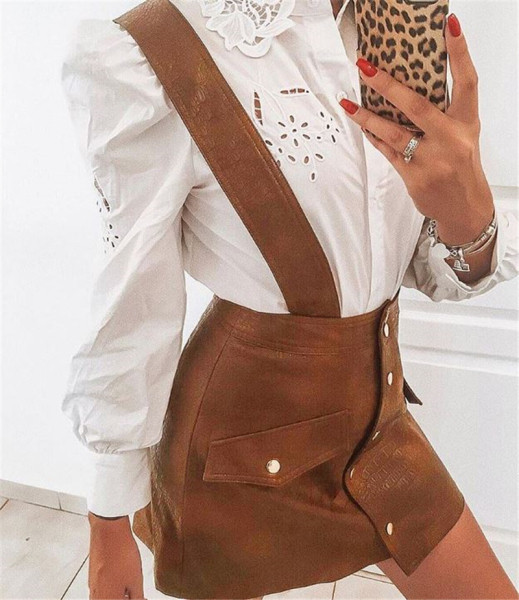 Stílusos női bőrszoknya gombokkal, magas derékkal, fekete és barna színben