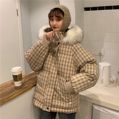 Kockás téli kabát cipzárral és kapucnival pehelyes