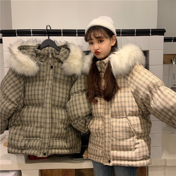 Kockás téli kabát cipzárral és kapucnival pehelyes