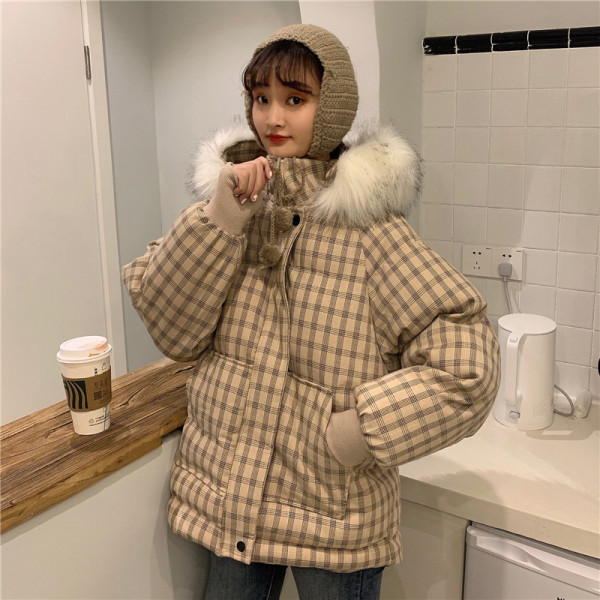 Kockás téli kabát cipzárral és kapucnival pehelyes