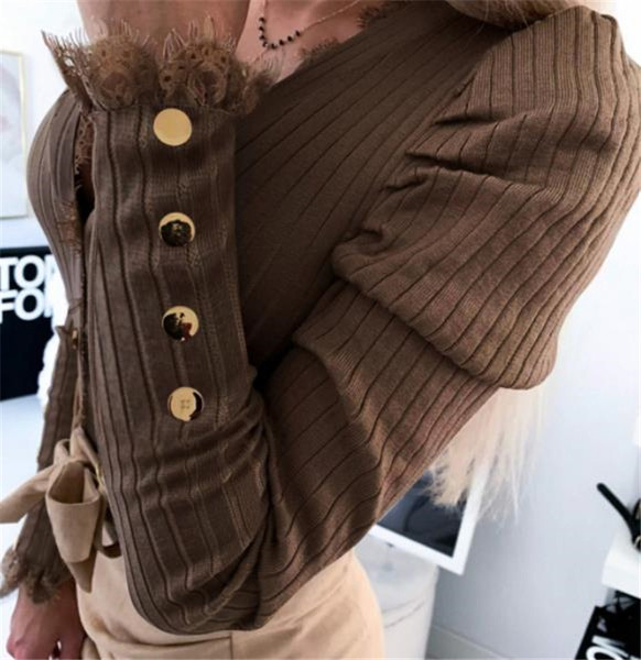 Női alkalmi blúz spitz nyakkivágással és gombokkal barna és fekete színben