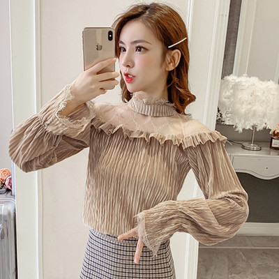 Stílusos női bársony blúz fekete és bézs színben, hosszú ujjal