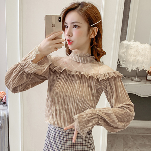 Stílusos női bársony blúz fekete és bézs színben, hosszú ujjal