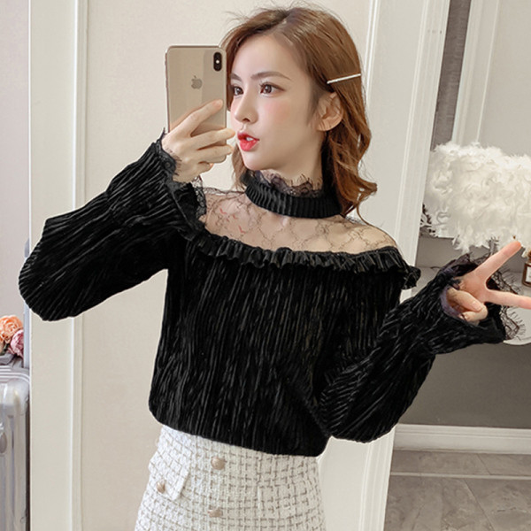 Stílusos női bársony blúz fekete és bézs színben, hosszú ujjal