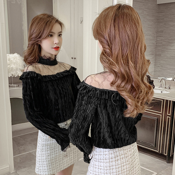 Stílusos női bársony blúz fekete és bézs színben, hosszú ujjal