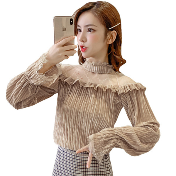 Stílusos női bársony blúz fekete és bézs színben, hosszú ujjal