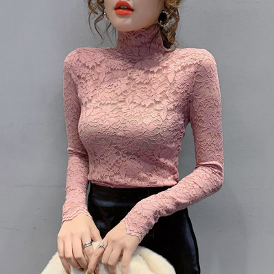 Női csipkeblúz öt színben, magas gallérral és hosszú ujjal