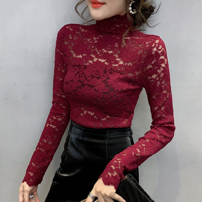 Női csipkeblúz öt színben, magas gallérral és hosszú ujjal