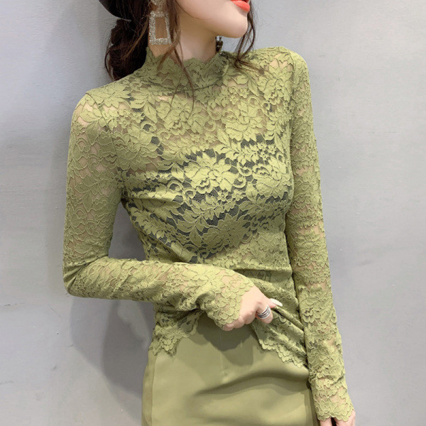 Női csipkeblúz öt színben, magas gallérral és hosszú ujjal